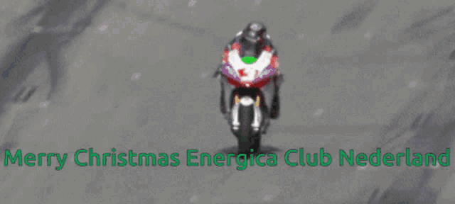 a man is riding a motorcycle with the words merry christmas energia club nederland written below him