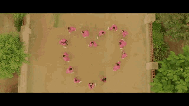 an aerial view of a group of people in pink shirts making a heart shape on the ground .