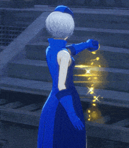 a woman in a blue dress and blue gloves is standing on stairs