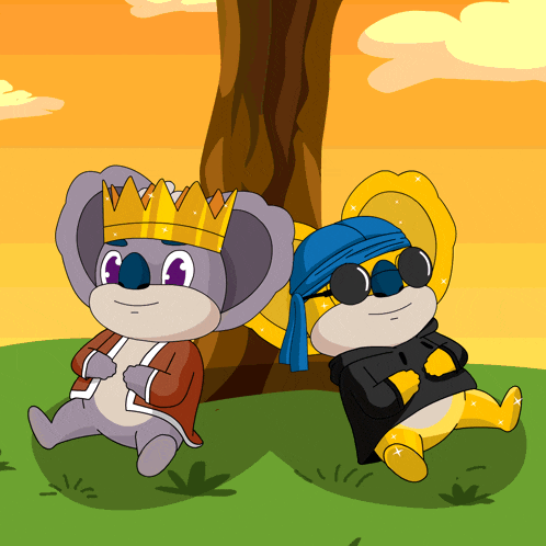 a cartoon koala wearing a crown sits next to another koala wearing sunglasses and a bandana