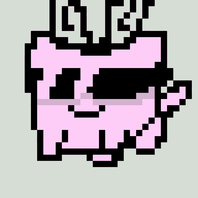 a pixel art drawing of a pink pig with horns and sunglasses .