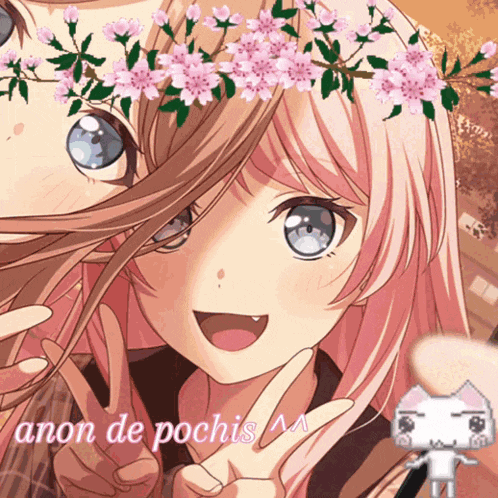 a girl with a flower crown on her head giving a peace sign with anon de pochis written below her