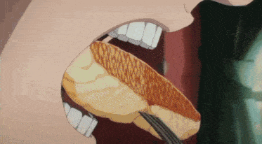 a person is eating a piece of bread with a fork in their mouth