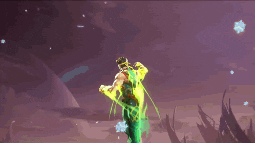 a man in a green outfit is standing in a dark room