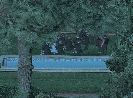 a group of men in suits and hats are walking across a swimming pool