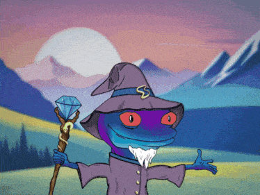 a cartoon of a lizard wearing a wizard hat and holding a wand with the letter s on it