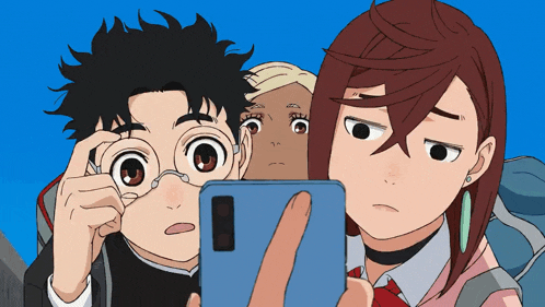 three anime characters are looking at a cell phone together