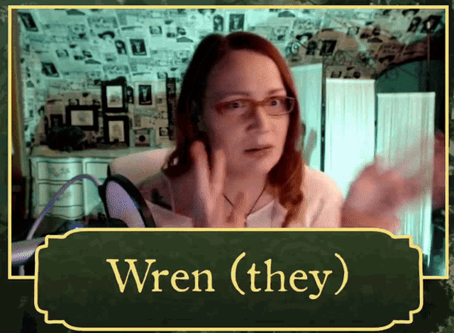 a woman wearing glasses talks into a microphone with the words wren ( they ) above her