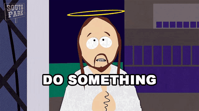 a cartoon of jesus with a halo and the words do something