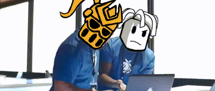 a cartoon of two people sitting in front of a laptop computer . one of the people has a cartoon face on his head .
