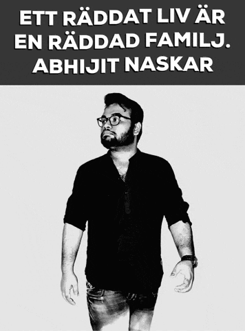 a black and white photo of a man with the words ett raddat liv ar en raddad familj abhijit naskar