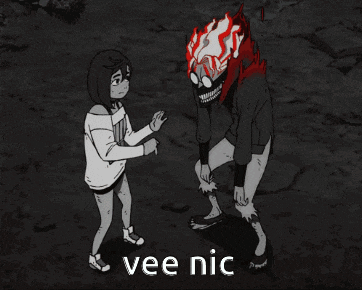 a black and white cartoon of a girl and a monster with the words vee nic below them
