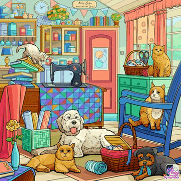 a drawing of a sewing room with cats and dogs and a sign that says keep calm