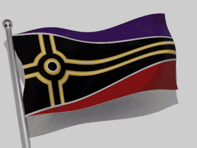 a purple black and red flag with a yellow stripe on the bottom