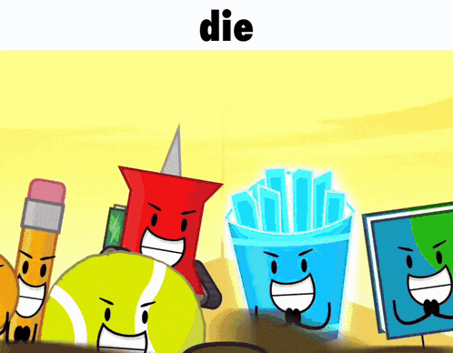 a bunch of cartoon characters are smiling and the word die is above them
