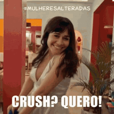 a woman in a white dress is smiling with the words crush quero below her