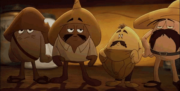 a group of cartoon characters are standing next to each other with one wearing a sombrero