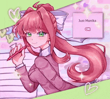 a girl with long pink hair and green eyes is holding a pen in front of a just monika ok sign