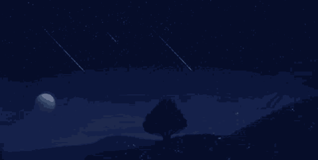 a pixel art of a night sky with shooting stars and a tree