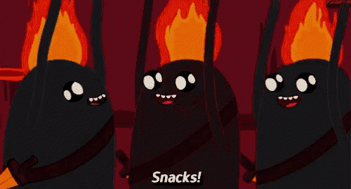three cartoon characters with flames on their heads and the words snacks on the bottom