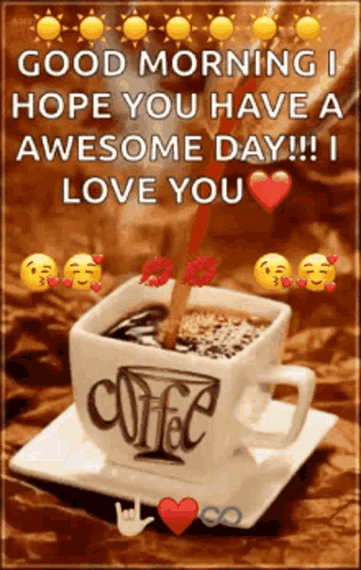 a cup of coffee with the words `` good morning i hope you have a awesome day !! i love you '' written on it