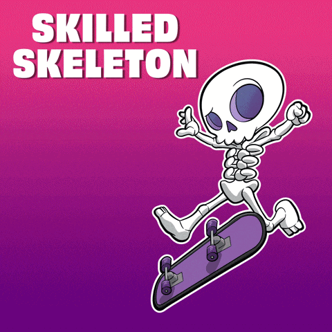 a cartoon of a skeleton on a skateboard with the words skilled skeleton below it