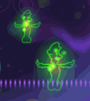 a purple background with a few green glowing objects