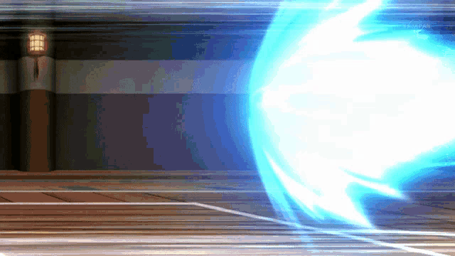 a blue light is coming out of a wooden floor