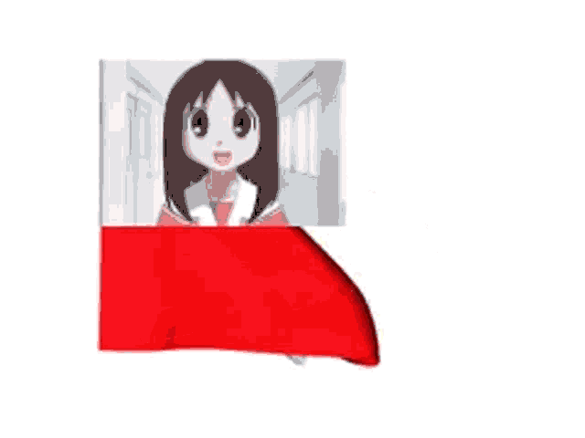 a picture of a girl in a school uniform behind a red ribbon .