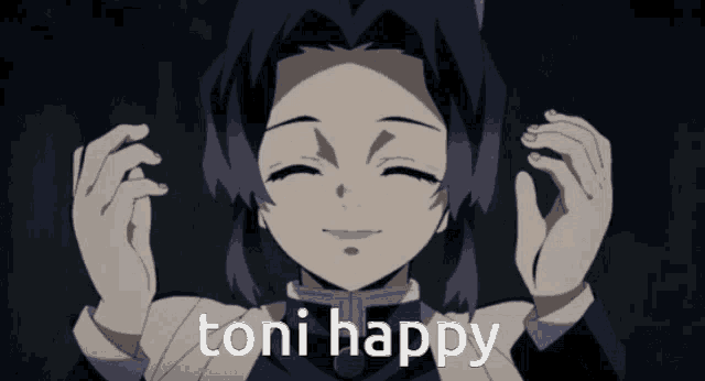 a girl with purple hair is smiling and the words toni happy are above her