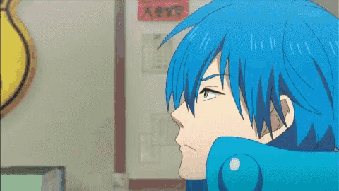 a blue haired anime character stands in front of a sign that says ' emergency '