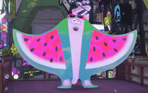a cartoon character wearing sunglasses and a watermelon slice