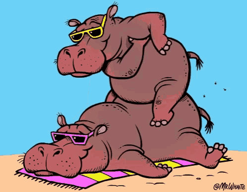 a cartoon of two hippos wearing sunglasses and laying on a towel by mr whate