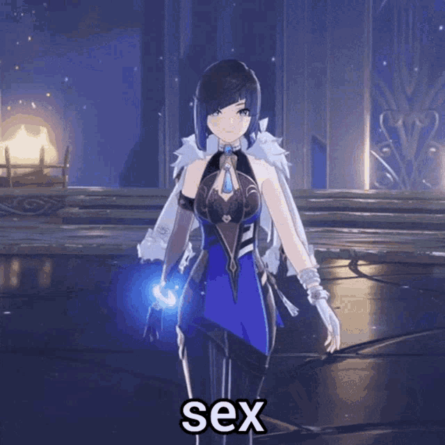 a girl in a blue dress is holding a sword and the word sex is on the bottom