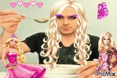a man with blonde hair is holding a spoon in front of a bowl of cereal next to a barbie doll