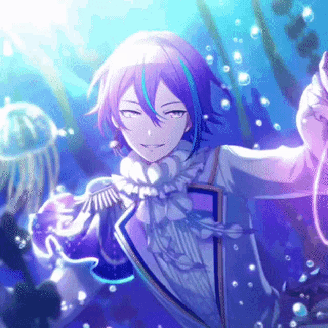 a boy with purple hair and blue stripes is standing in the water with jellyfish .