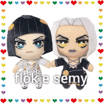 a couple of stuffed animals holding hands with the words flok e semy written on them .