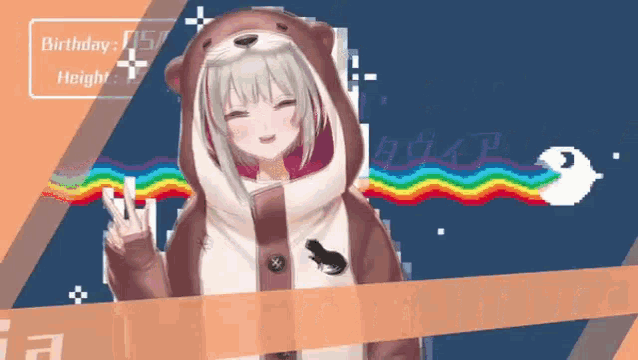 a girl in a otter costume is standing in front of a rainbow and giving a peace sign .