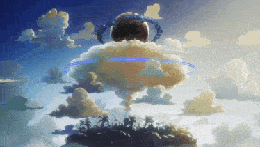 a painting of a cloudy sky with a large sphere in the middle
