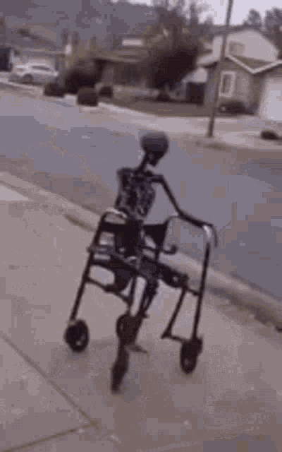 a skeleton is pushing a walker down a sidewalk .