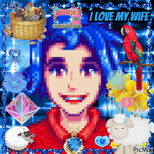 a pixel art of a man with the words " i love my wife " on the bottom