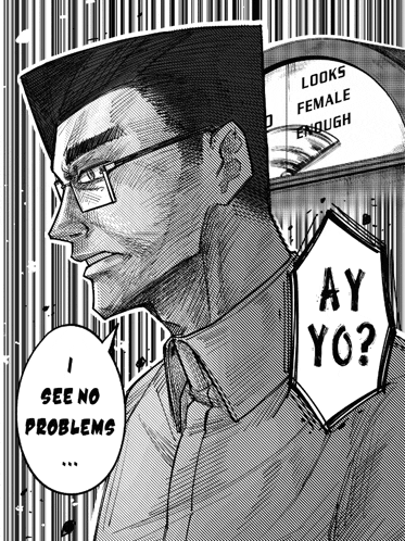 a man with glasses is standing in front of a sign that says `` looks female enough `` .
