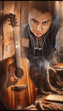 a man wearing headphones stands next to an acoustic guitar with a patch on his vest that says ' riot son '