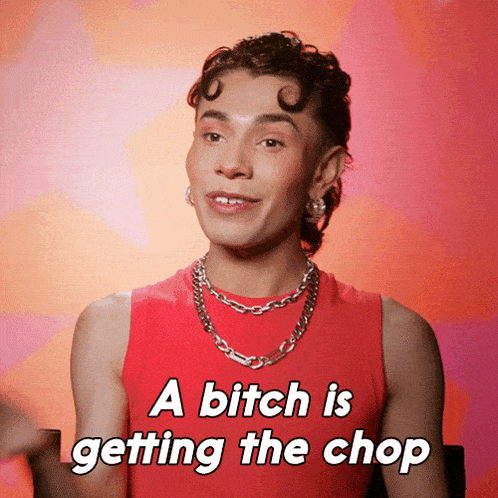 a man wearing a red tank top and a chain necklace says a bitch is getting the chop