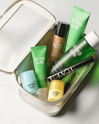 a clear bag filled with beyond glow cosmetics