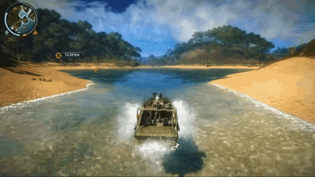 a video game screen shows a boat going down a river with a time of 12:39