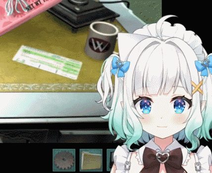 a girl with white hair and blue eyes stands in front of a table with a cup that says w on it