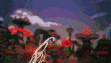 a blurry picture of a cartoon scene with a few buildings and trees