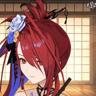 a drawing of a girl with red hair and flowers in her hair with the number sz on the bottom