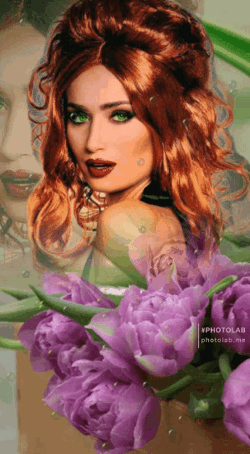 a woman with red hair and green eyes is surrounded by purple flowers and a watermark that says photolar